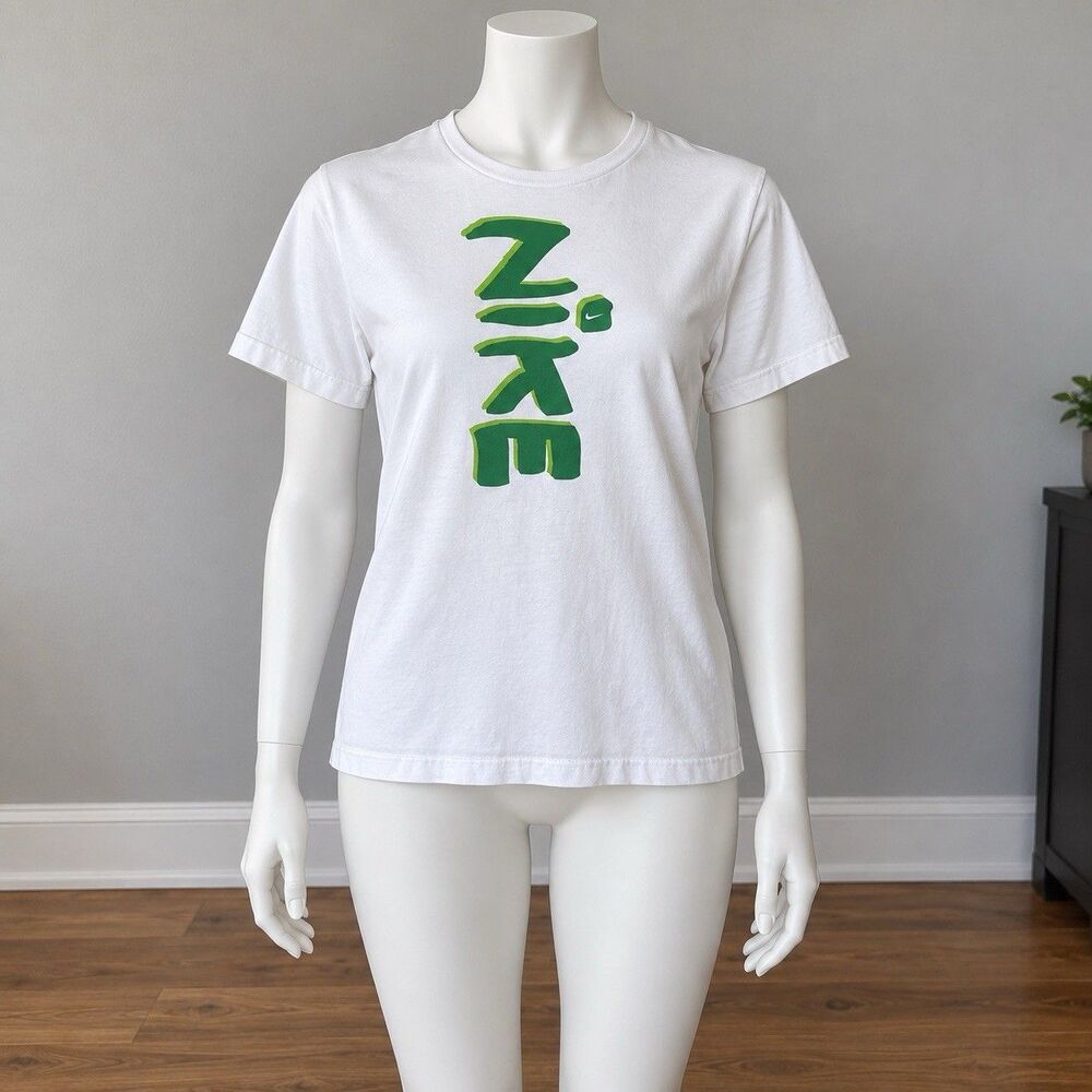 Nike Women’s Small White Green Graphic T Shirt Made in USA Y2K 2000s Athletic
